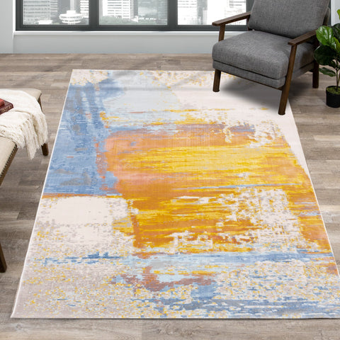 Belle Cream Blue Yellow Brush Strokes Rug by Kalora Interiors