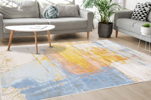 Belle Cream Blue Yellow Brush Strokes Rug by Kalora Interiors