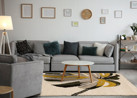 Bora Cream Green Yellow Monstera Leaf Shag Rug by Kalora Interiors