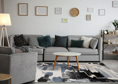 Breeze Cream Blue Grey Uneven Stamps Rug by Kalora Interiors