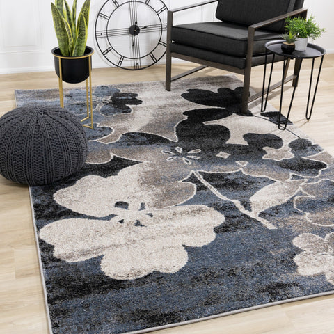 Breeze Blue Cream Black Poppies Rug by Kalora Interiors