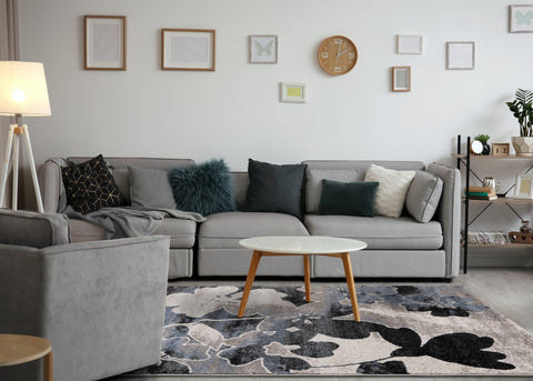 Breeze Blue Cream Black Poppies Rug by Kalora Interiors