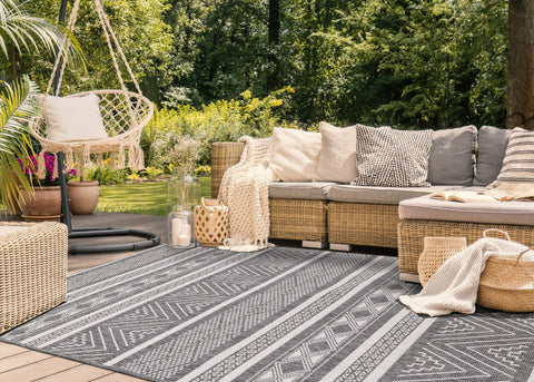 Bristol Reversible Grey White Striped Pattern Outdoor Rug by Kalora Interiors