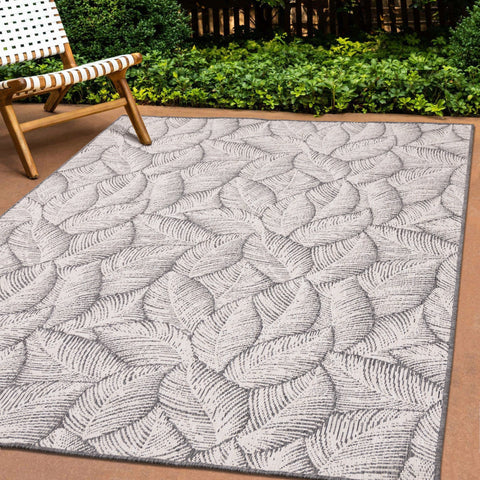 Bristol Grey White Leaf Pattern Indoor/Outdoor Reversible Rug by Kalora Interiors