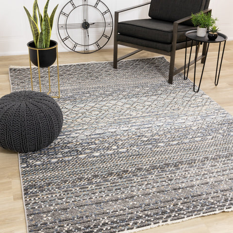 Calabar Blue Grey White Banded Pattern Rug by Kalora Interiors