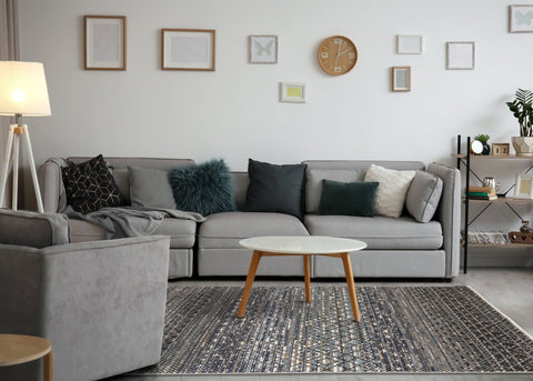 Calabar Blue Grey White Banded Pattern Rug by Kalora Interiors