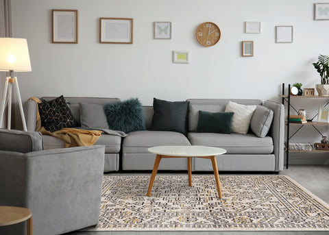 Calabar Cream Grey Yellow Elaborate Border Rug by Kalora Interiors