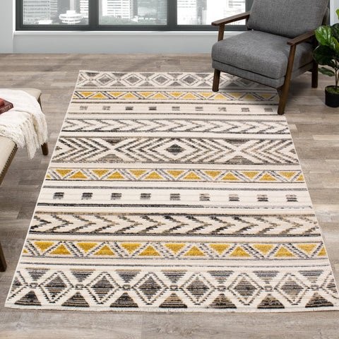 Calabar Cream Grey Yellow Tribal Rug by Kalora Interiors