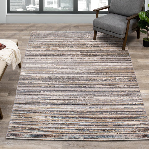 Calabar Grey Beige White Banded Blend Rug by Kalora Interiors