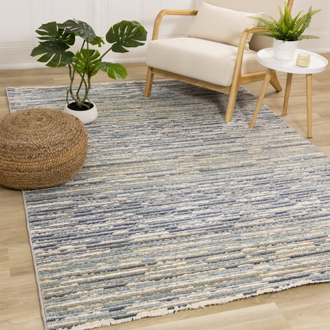 Calabar Blue White Grey Banded Blend Rug by Kalora Interiors