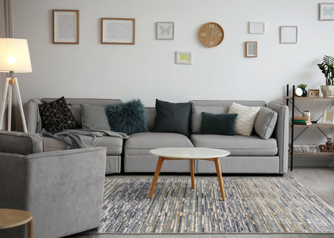 Calabar Blue White Grey Banded Blend Rug by Kalora Interiors