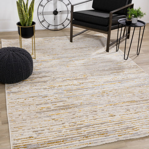 Calabar Cream Yellow Grey Distressed Carved Pile Striped Rug by Kalora Interiors
