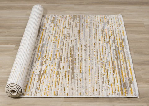 Calabar Cream Yellow Grey Distressed Carved Pile Striped Rug by Kalora Interiors