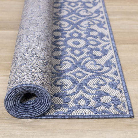 Canopy Blue Damask Flatweave Outdoor Rug by Kalora Interiors