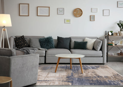 Chorus Blue Beige Abstract Earth Tone Plush Rug by Kalora Interiors