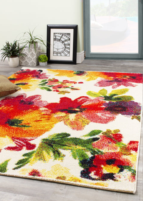 Equinox 8762_3P01 Bright Red and Purple Botanical Flower Area Rug by Novelle Home