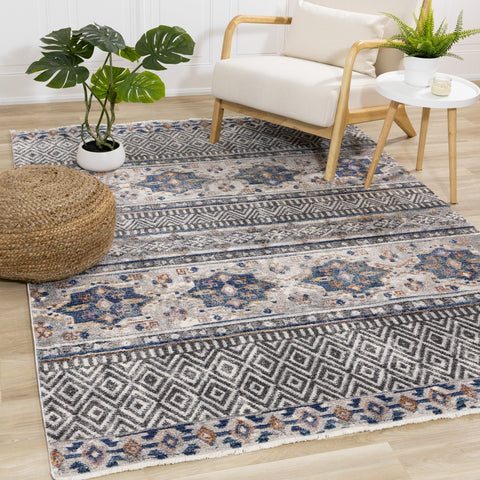 Evora Grey Blue Orange Southwest Area Rug Kalora Interiors
