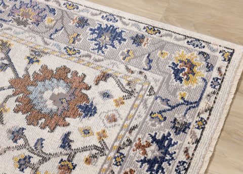 Evora Cream Pink Blue Yellow Floral Vine Border Rug by Kalora Interiors