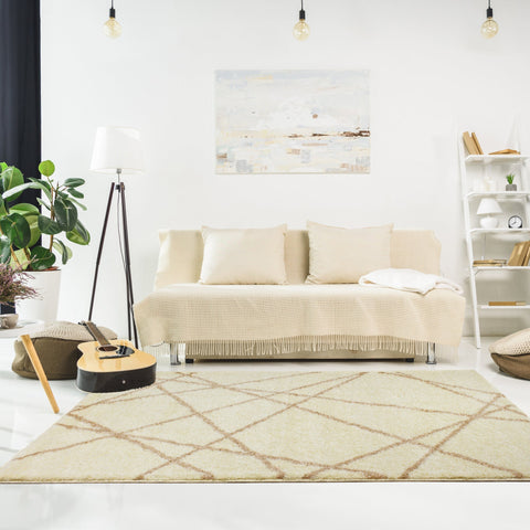 Fergus Cream Beige Lines Crossing Shag Rug by Kalora Interiors