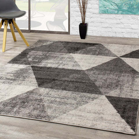 Focus B323_9646 Distressed Triangles Grey Cream Area Rug by Kalora Interiors