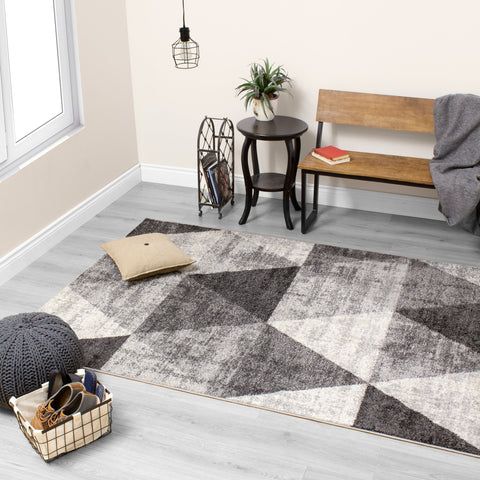 Focus B323_9646 Distressed Triangles Grey Cream Area Rug by Kalora Interiors