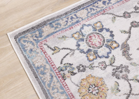 Fresco Cream Grey Pink Yellow Orange Floral Border Rug by Kalora Interiors