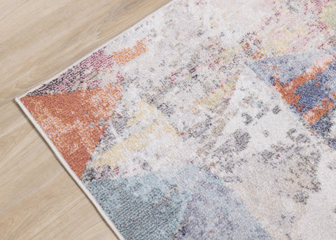 Fresco Distressed Grey Pink Blue Yellow Triangular Pattern Rug by Kalora Interiors