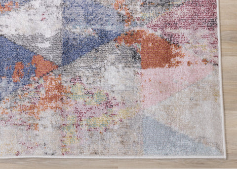Fresco Distressed Grey Pink Blue Yellow Triangular Pattern Rug by Kalora Interiors