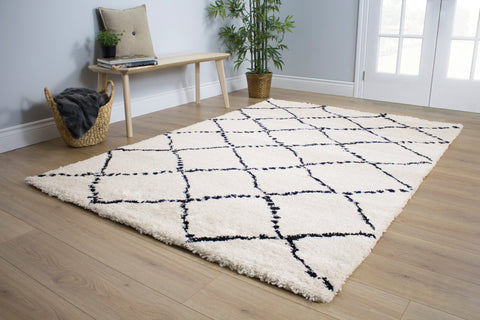 Maroq 5413_3Y18 Uneven Trellis Black Cream Shag Area Rug by Kalora Interiors