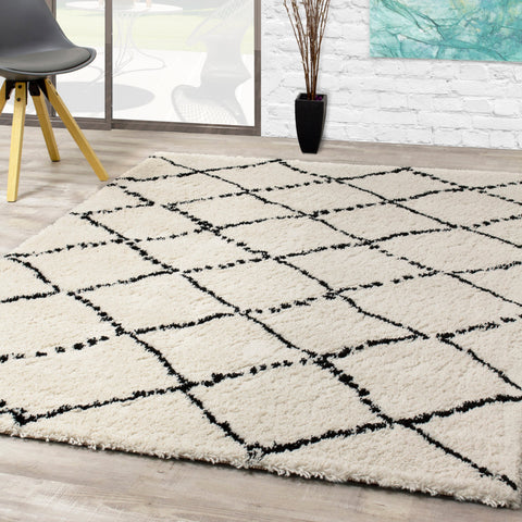 Maroq 5413_3Y18 Uneven Trellis Black Cream Shag Area Rug by Kalora Interiors