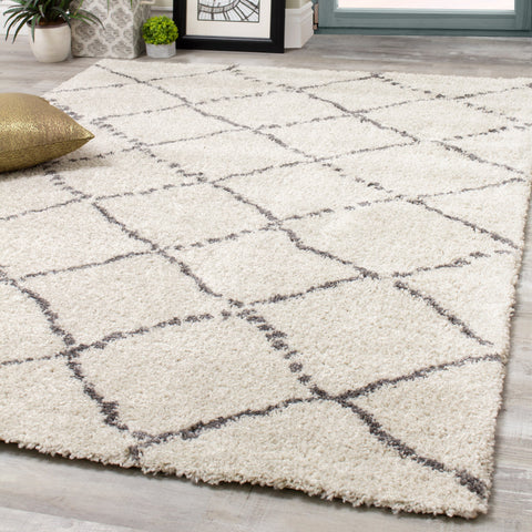 Matrique 5413_3A18 White Grey Lattice Shag Area Rug by Novelle Home