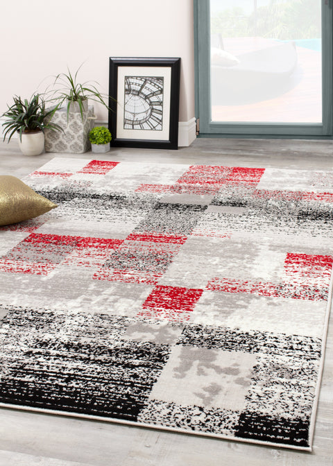 Meridian A608_0767 Red Distressed Rectangles Area Rug by Novelle Home