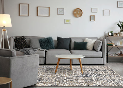 Nepal Beige Blue Cream Grey Tribal Rug by Kalora Interiors