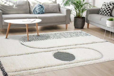 Novato Cream Black Geometric Modern Rug by Kalora Interiors