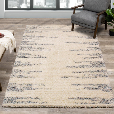 Rondo Cream Blue Modern Striped Rug by Kalora Interiors