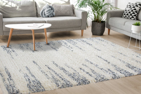 Rondo Cream Blue Modern Striped Rug by Kalora Interiors