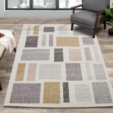 Sable Cream Purple Yellow Blocks Rug by Kalora Interiors