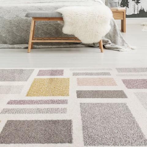 Sable Cream Purple Yellow Blocks Rug by Kalora Interiors