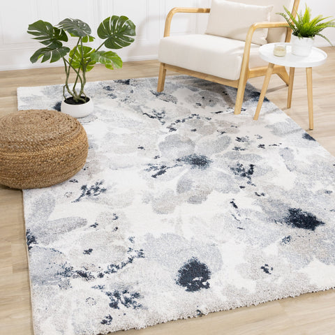 Sable Grey Cream Blue Floral Pattern Rug by Kalora Interiors