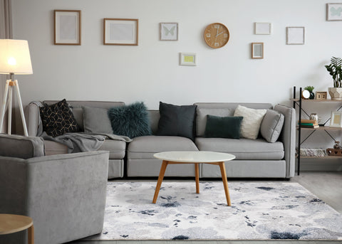 Sable Grey Cream Blue Floral Pattern Rug by Kalora Interiors