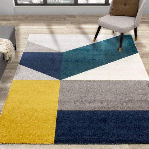 Safi 5588_X164 Grey Teal Yellow Geometric Area Rug by Kalora Interiors