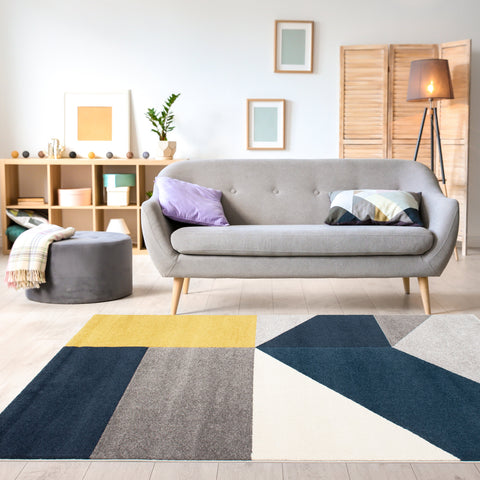 Safi 5588_X164 Grey Teal Yellow Geometric Area Rug by Kalora Interiors