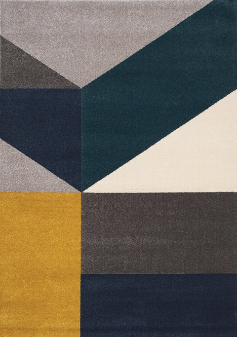 Safi 5588_X164 Grey Teal Yellow Geometric Area Rug by Kalora Interiors
