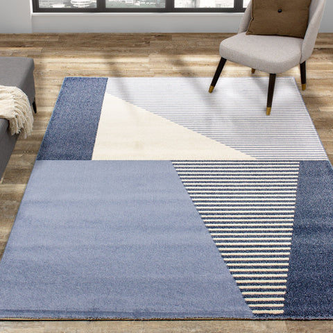 Safi Blue Cream Blocks Stripes Rug by Kalora Interiors