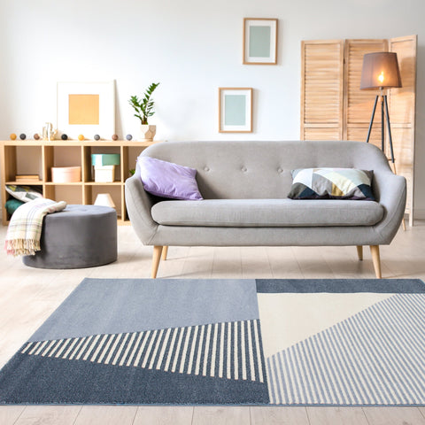 Safi Blue Cream Blocks Stripes Rug by Kalora Interiors