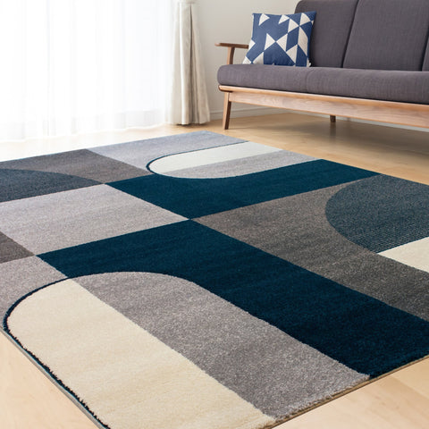 Safi Grey Blue Blocks Round Edges Rug by Kalora Interiors