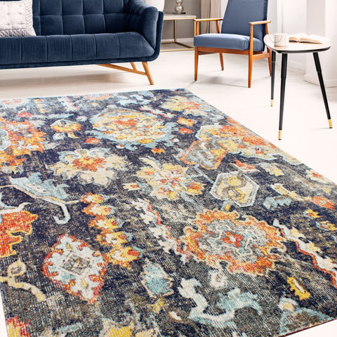 Sara Grey Blue Yellow Ornamental Rug by Kalora Interiors