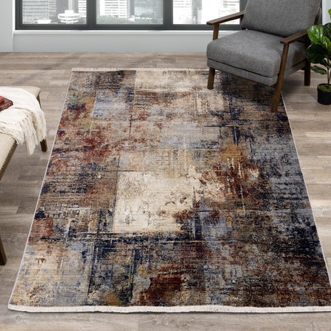 Serene Red Blue Beige Layered Distressed Rug by Kalora Interiors