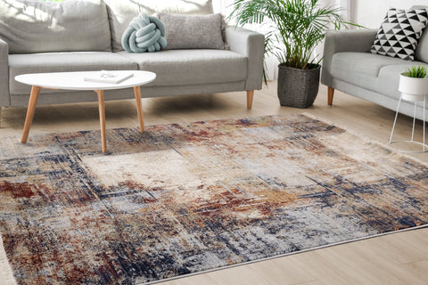 Serene Red Blue Beige Layered Distressed Rug by Kalora Interiors