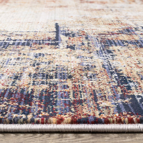 Serene Red Blue Beige Layered Distressed Rug by Kalora Interiors